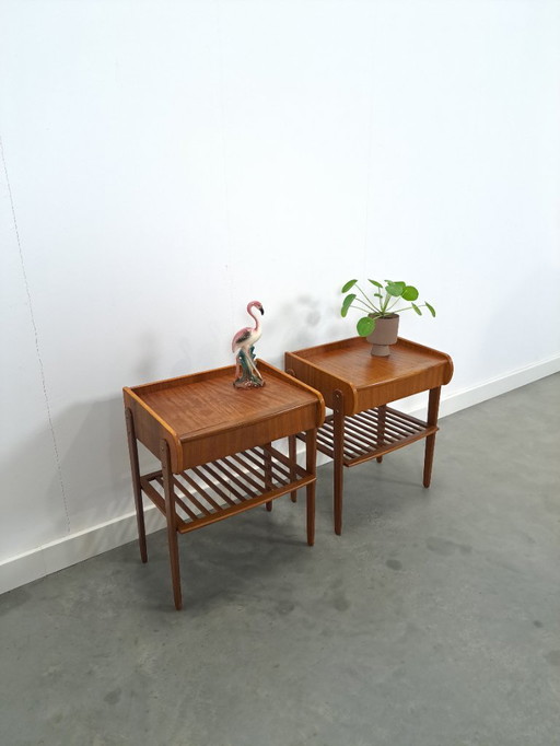 Teak veneer bedside table set with drawer from Sweden