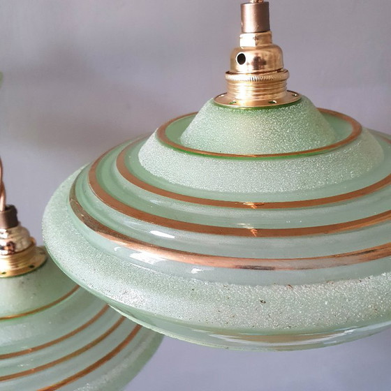 Set of 3 Antique Pendant Lights of Opaline Glass in Green, with Crushed Glass and Gold Decoration (photo 17 of 20)