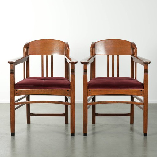 2 chaises de salle à manger Schuitema de style Art Nouveau/Jugendstil avec revêtement en tissu rouge