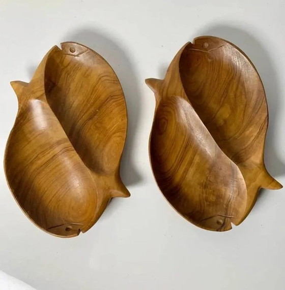 Set of 2 handcrafted olive wood fish bowls/dishes - MCM – Mid Century Modern (photo 2 of 2)