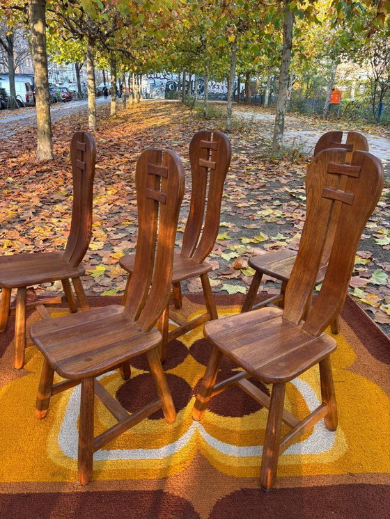 Image 1 of 5 brutalistische stoelen, massief eikenhout, De Puydt, vintage jaren 60