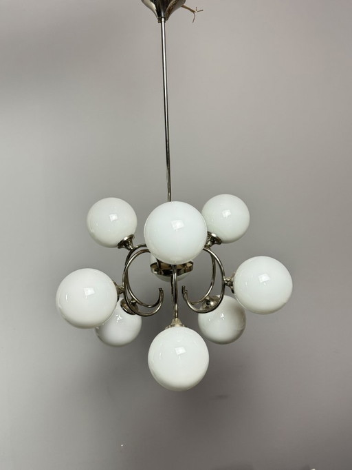 Mid-Century Italian Design  Atomic Sputnik Chandelier with Opaline Globes, Italy, 1960s