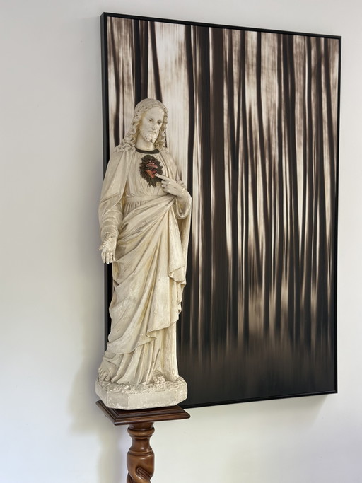 Groot antiek Heilig Hartbeeld van Christus in gips – 105 cm
