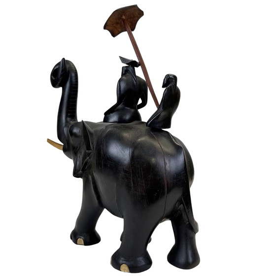 Koloniale Ebbenhouten Olifant Beeldhouwkunst met Mahout – Handgesneden Aziatische Beeldhouwkunst – 32 cm (photo 7 of 10)