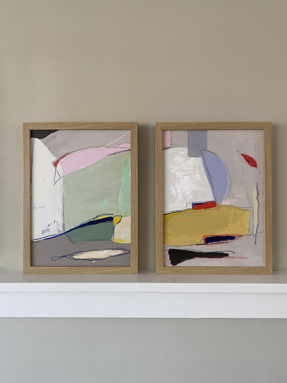 Image 1 of Diptych Abstract Paintings 30 x 40 Including Frame