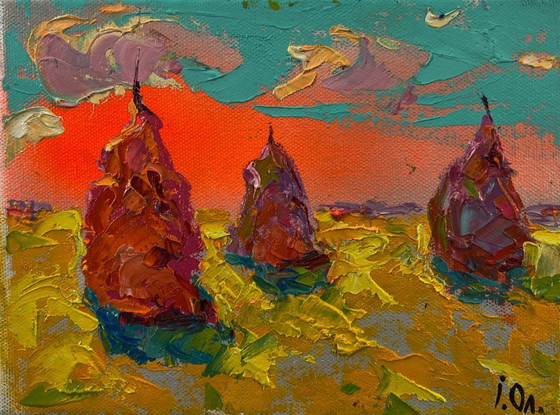 Original-Ölgemälde Sonnenuntergang Feldlandschaft im hellen Sommermorgen – Gemälde & Zeichnungen, Canvas (photo 3 of 8)