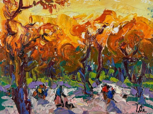 Origineel olieverfschilderij: Herfstbomen, Landschap, Trappen door de herfst