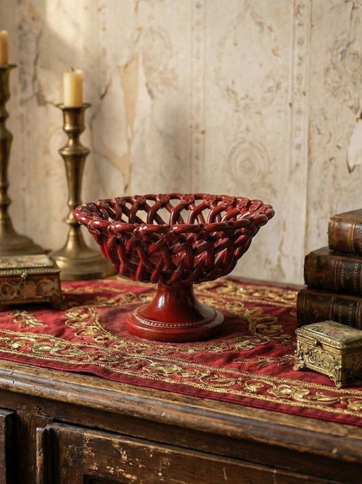 Piccola ciotola vintage Pichon Uzès in ceramica traforata rossa intrecciata, anni '70-'90.