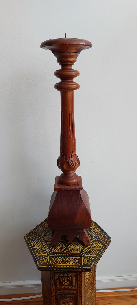 Image 1 of Large Candlestick - Wood - Hand Carved Asia - - 1950-1960