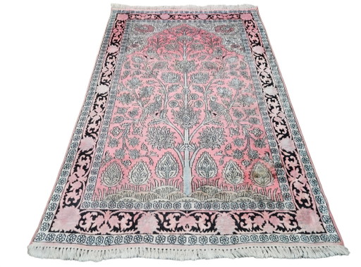 Handgeknüpfter orientalischer Seidenteppich aus Kaschmir mit rosa Blumenmuster, 125 x 186 cm
