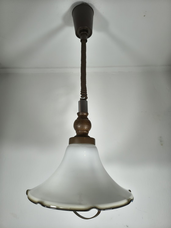 Image 1 of Vintage opal glass pendant lamp with wavy rim (± 1930s–1950s)