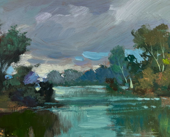 Image 1 of Original Oil Painting Summer Nature Landscape The rain is approaching the river