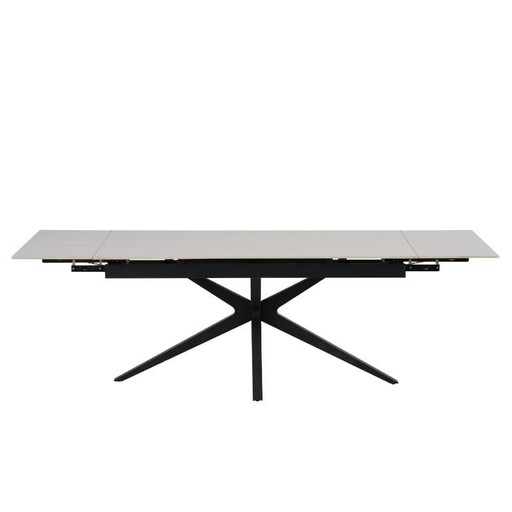 TONIA EXTENDABLE DINING TABLE, BLACK METAL BASE, WHITE TRAVERTINE CERAMIC TOP, 160/240x90x76cm