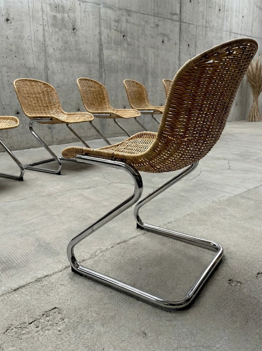 SET OF 6 RATTAN CHROME CANOPY CHAIRS IN THE GASTONE RINALDI STYLE, ITALY 1970s