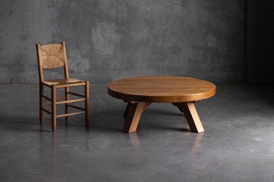Image 1 of Brutalist Oak Round Coffee Table, France, 1950s