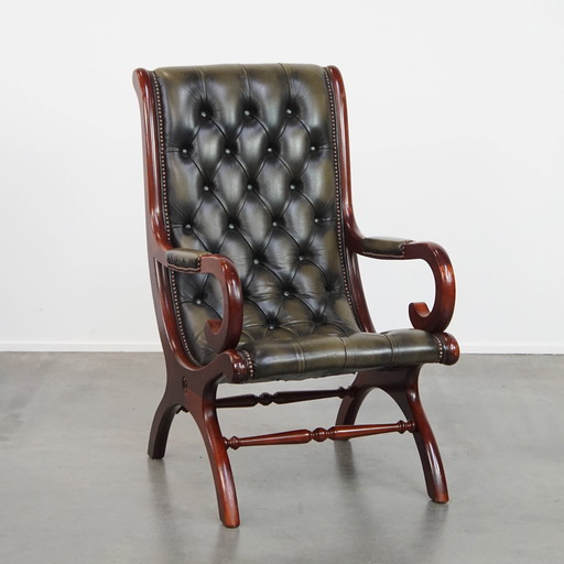 Green Beef Leather English Chesterfield Armchair With Wood