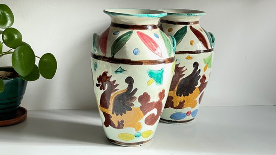 Image 1 of Italian Majolica Vases with Dragon Motif