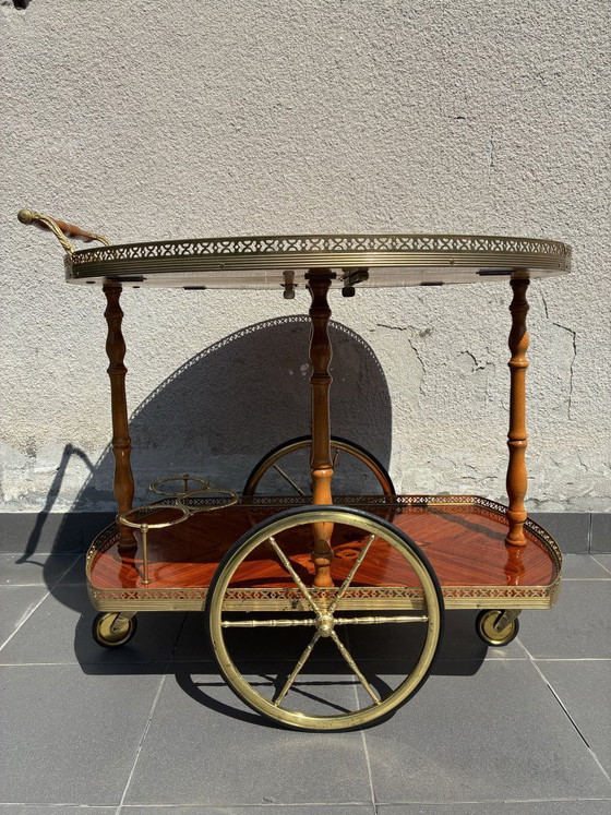 Carrello bar italiano in intarsio e ottone, metà del XX secolo, Carrelli bar, Legno, Marrone, 1950 (foto 2 di 8)