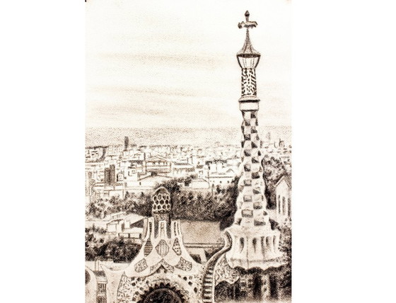 Image 1 of Drawing of Barcelona as seen from Park Güell. Park Güell drawing. Charcoal drawing of Barcelona. Painting of Barcelona. New.