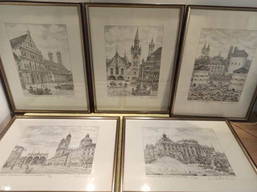 5 originele etsen en prenten in beperkte oplage, München, Beieren, Hanfsteangle Kunstgalerie – lithos zeefdrukken, Glass