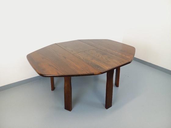 Image 1 of Vintage brutalist hexagonal oak dining table from the 1950s with extension