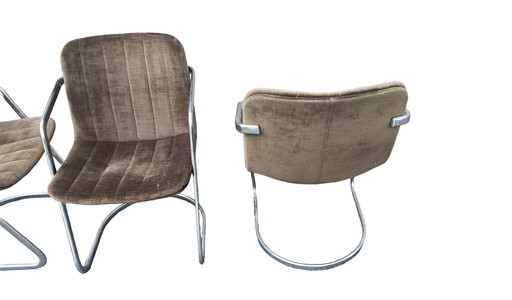 4 Chromen frame met stoffen groen/bruine bekleding eetkamerstoel