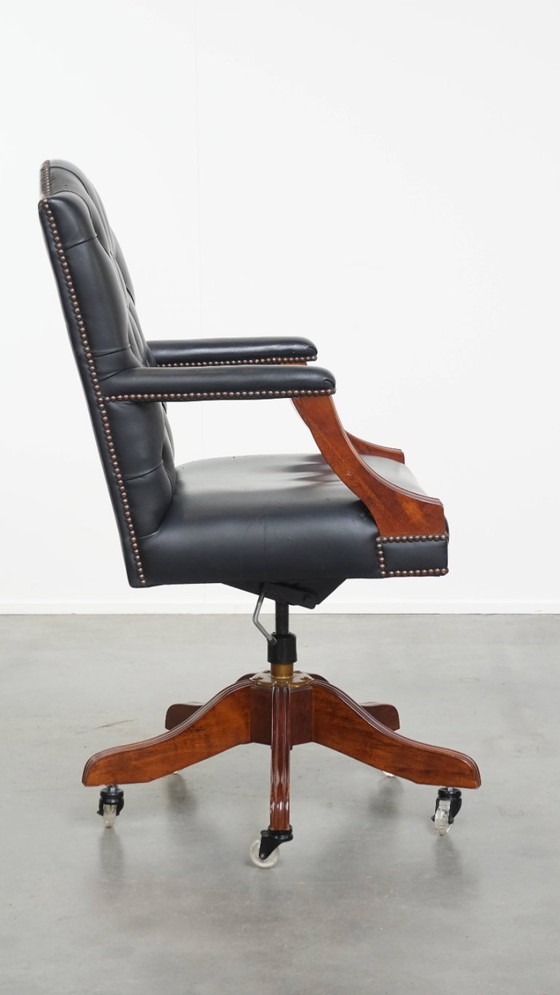Image 1 of Dark blue/ black cowhide leather chesterfield office chair on wheels