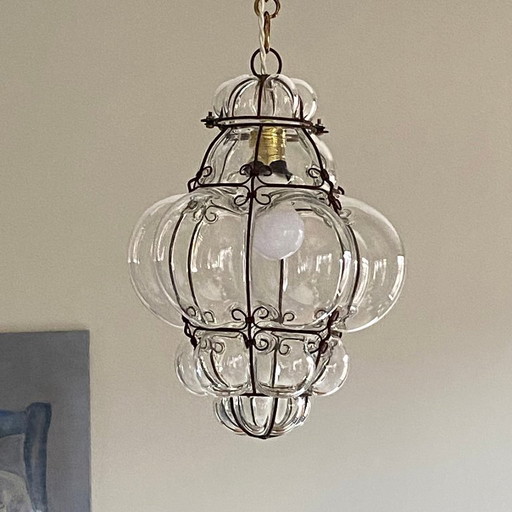 Lámpara colgante grande de cristal enjaulado, lámpara de araña antigua de Murano, farol veneciano transparente
