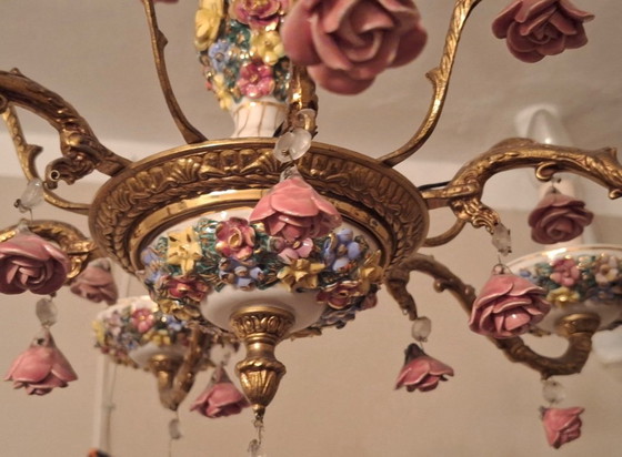 Lustre Vintage Boho à Six Bras en Laiton Doré et Céramique – Ceramic (photo 7 of 9)