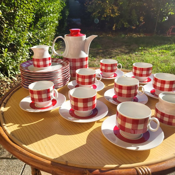 Vichy red and white checkered coffee/tea set, 1960-70, KRONESTER BAVARIA, Crockery, Porcelain, Vintage (photo 8 of 15)