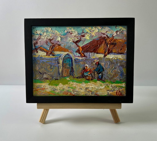 Original Oil Painting Rural Spring Landscape Village Memory – schilderijen tekeningen, Canvas