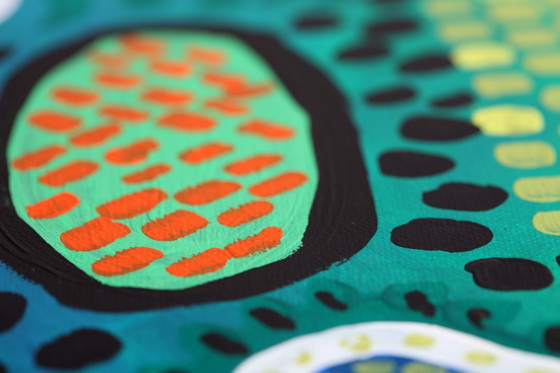 Image 1 of Modern abstract green, yellow, purple and orange mixed media painting