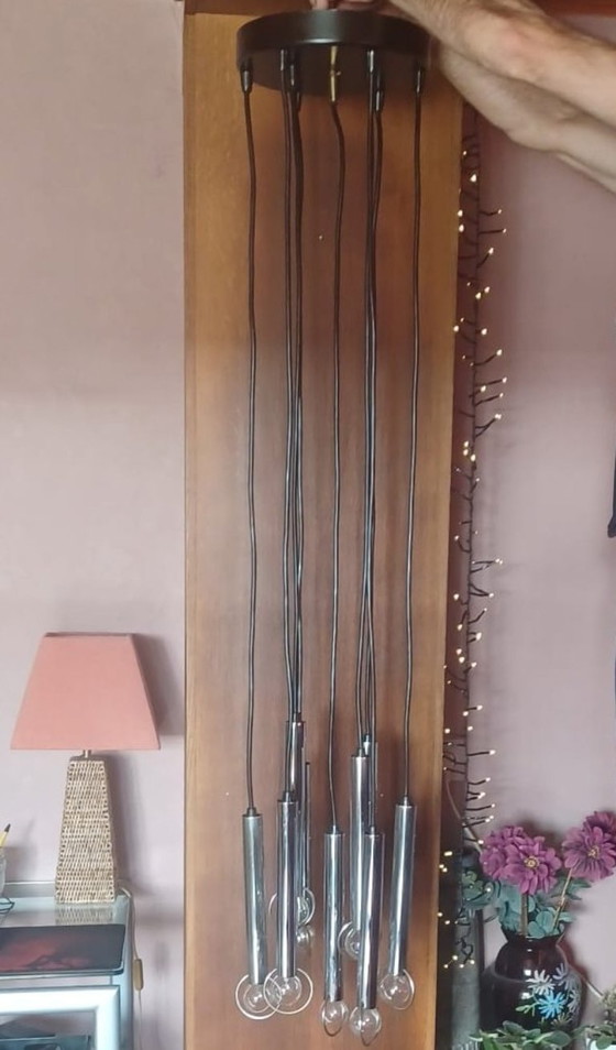 Image 1 of Lampada a sospensione vintage a cascata cromata (XL a 9 luci) — Anni '70, stile Space Age, Sciolari