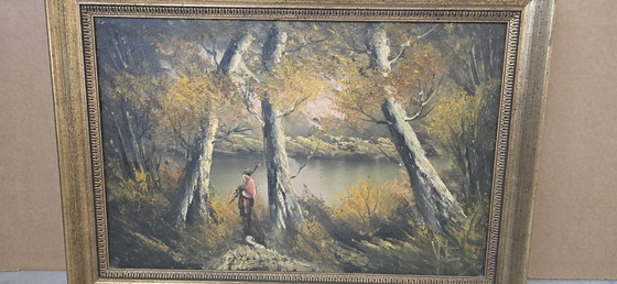 Image 1 of Atmospheric Painting "Autumn Landscape" – Vintage 1970s with Gold Frame