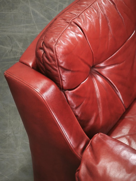 Jaren 70 Deense Moderne Rode Leren Lounge Fauteuil, Scandinavisch Design, Leer, Rood, Vintage (foto 6 van 15)