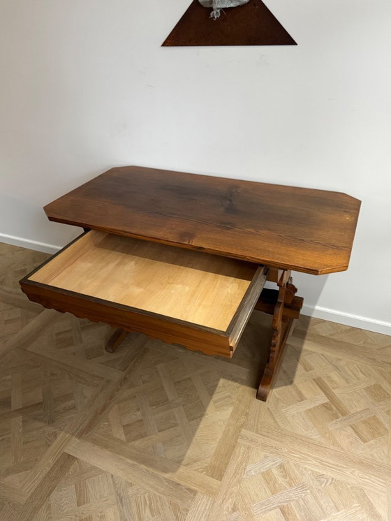 Image 1 of Antique German / Alpine Trestle Table With Drawer