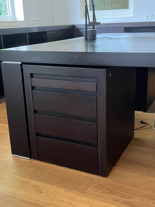 Double wooden desk with leather inlay and drawer units