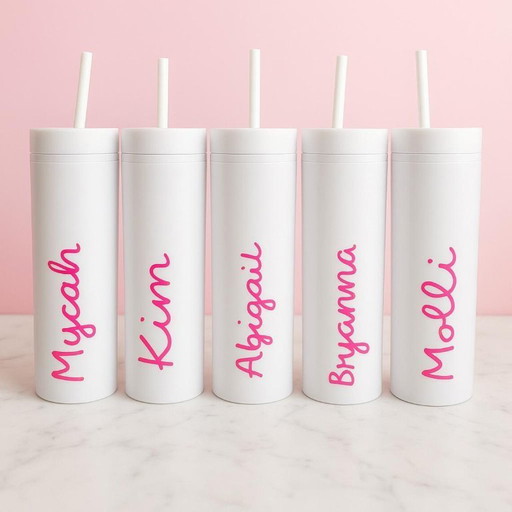 White Water Bottle Skinny Cup, Pink Love Vacation Cup, bridesmaid wedding gifts, bachelorette gifts