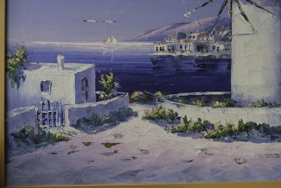 Image 1 of Dipinto ad olio originale "Mulino a vento greco in riva al mare" - Firmato da Nicolaoy - Incorniciato