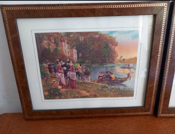 Pair of Elm Burl & Beaded Fillet Style Frames, Genre Scenes, Paintings & Drawings, Wood, Multi Color (photo 3 of 8)