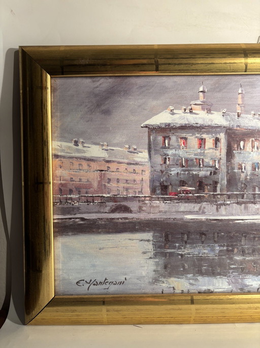 Oil Painting on Cardboard of a Canal in Milan by Eugenio Mantegani, 1980s – schilderijen tekeningen (photo 2 of 9)