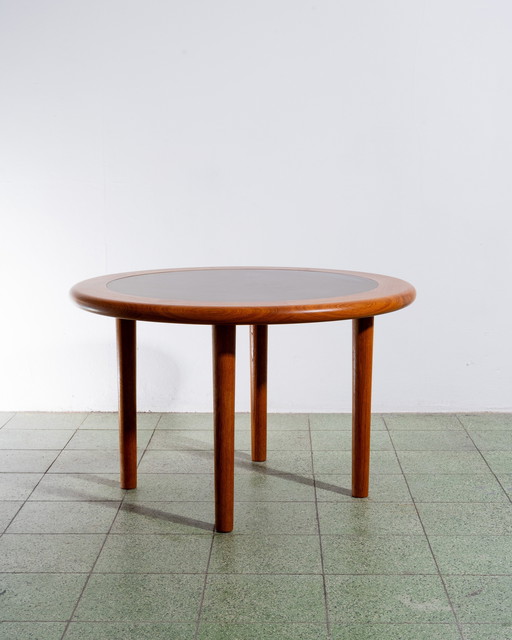 Table basse ronde en teck avec plateau en faïence