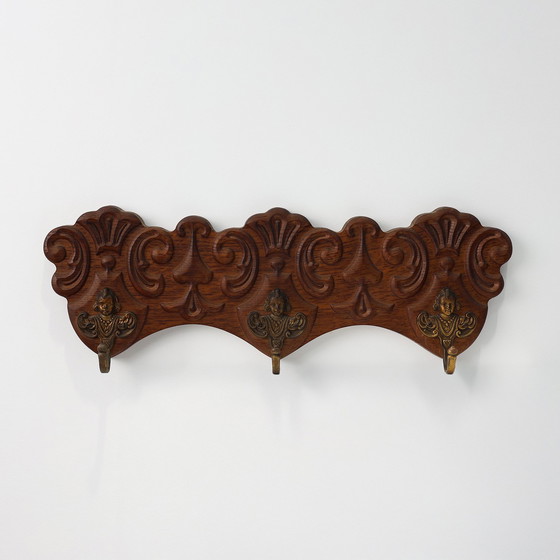 Image 1 of Antique Carved oak Wall mount coat rack with 3 brass angel hooks, France 1900s