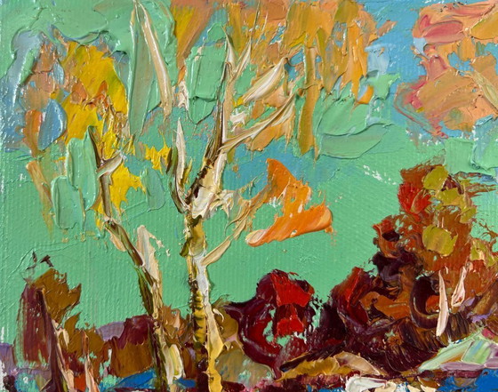 Image 1 of Original Oil Painting Day Village Landscape Spring fields are turning green