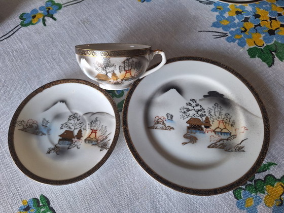 Image 1 of Zeldzaam vintage Japans lithofaan theeservies "Verborgen Geisha" porselein