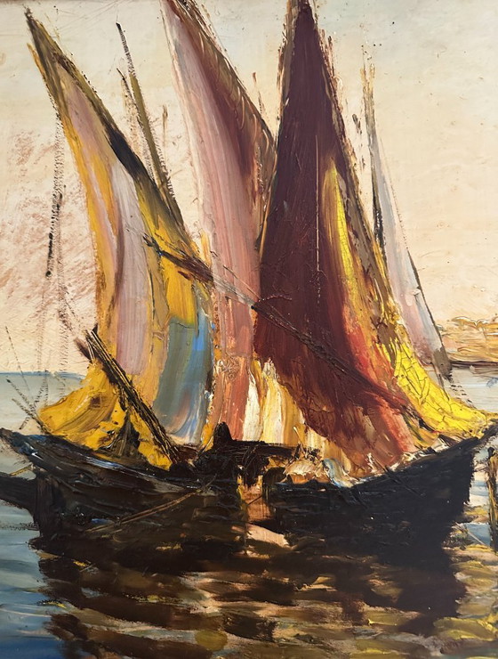 Image 1 of Tableau impressionniste très ancienne d’un port de Méditerranée