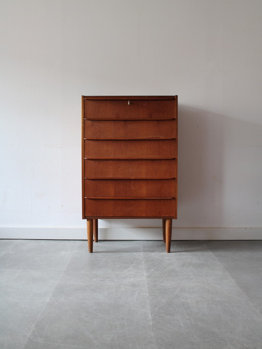 Vintage Deense smalle ladekast in teak