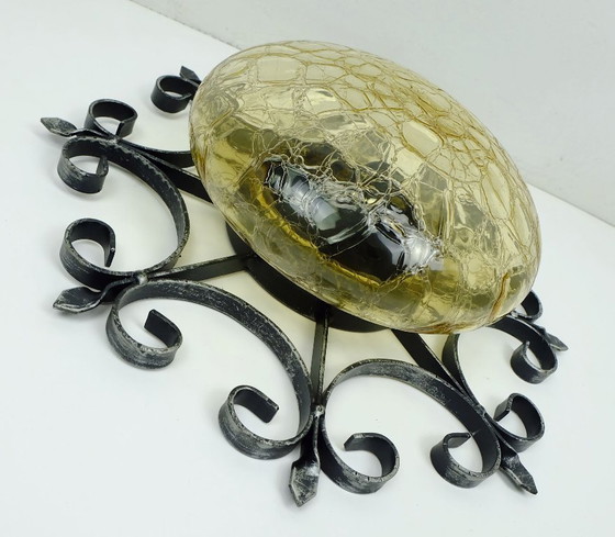 Image 1 of outstanding 1970's modernist brutalist wall lamp SCONCE wrought iron and amber glass