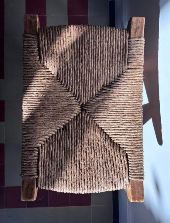 Image 1 of Vintage wooden stool with woven wicker seat - Brutalist/Mid-Century