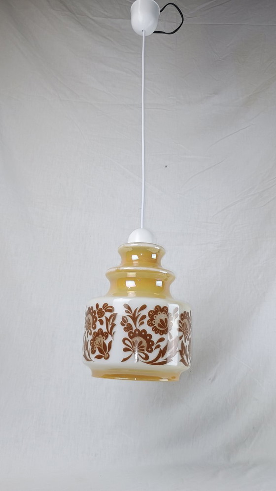 Image 1 of Hanglamp Venini Wit Gerookt Glas Bloemen Mid Century Murano